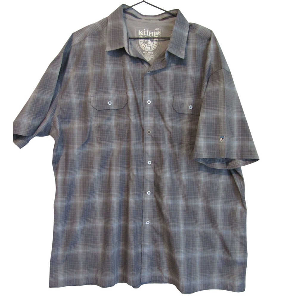 KUHL Button Down Shirt Mens XXXL Gray Good Plaid Eluxur Short Sleeve Hiking